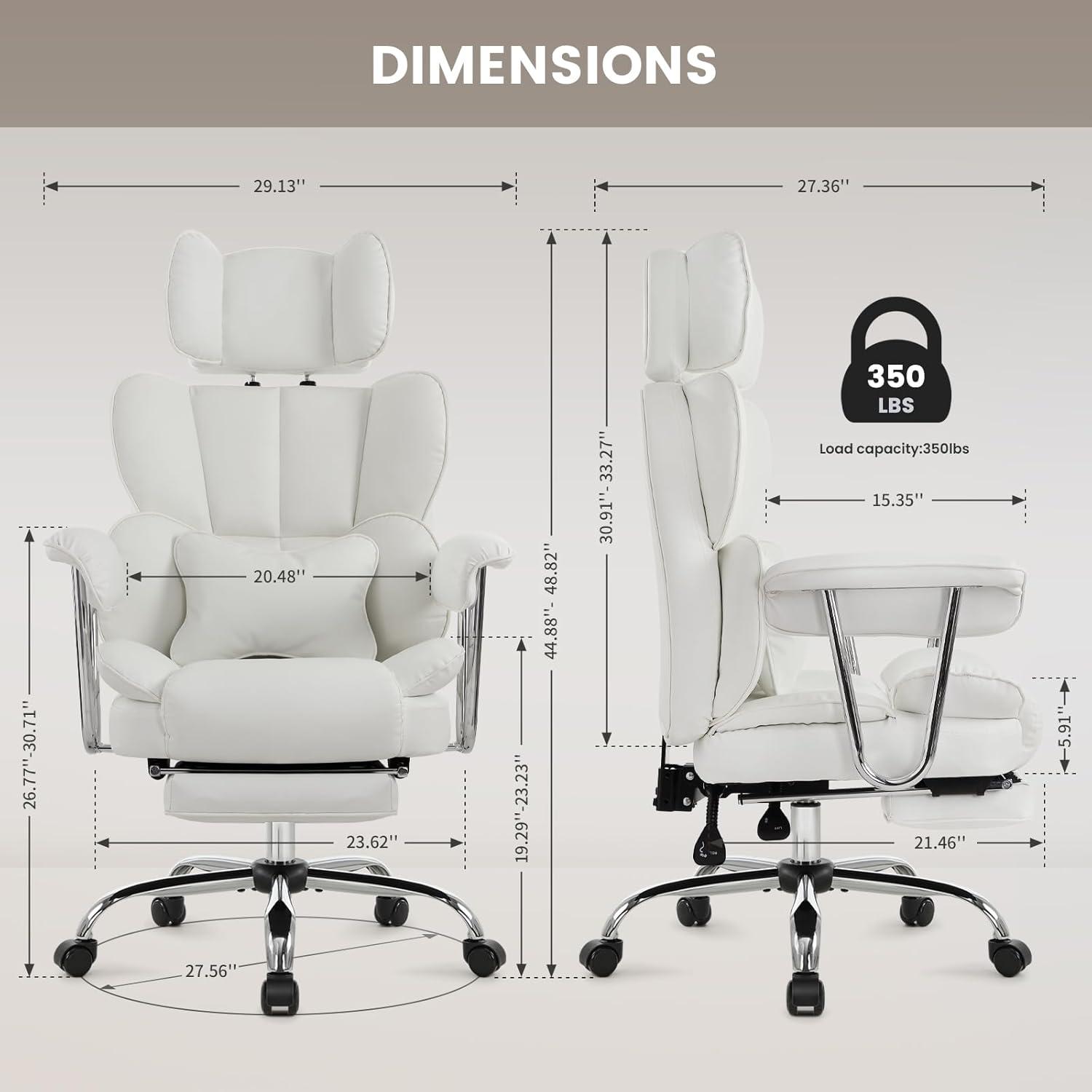 Back PU Leather Office Chair, Big and Tall Executive Desk Chair with Footrest & Lumbar Cushion, Lifting Headrest Ergonomic Computer Chair, Managerial Chair with Wide Seat & Armrests,White