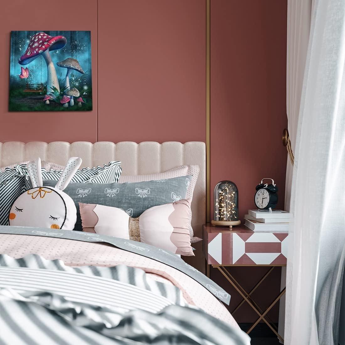 Magical Forest Wall Art Fantasy Mushroom Wall Decor Nature Landscape Plant Picture Butterflies Canvas Print Nursery Decor Fairytale Theme Wall Painting for Home Kids Bedroom Dorm Decoration 12"x12"