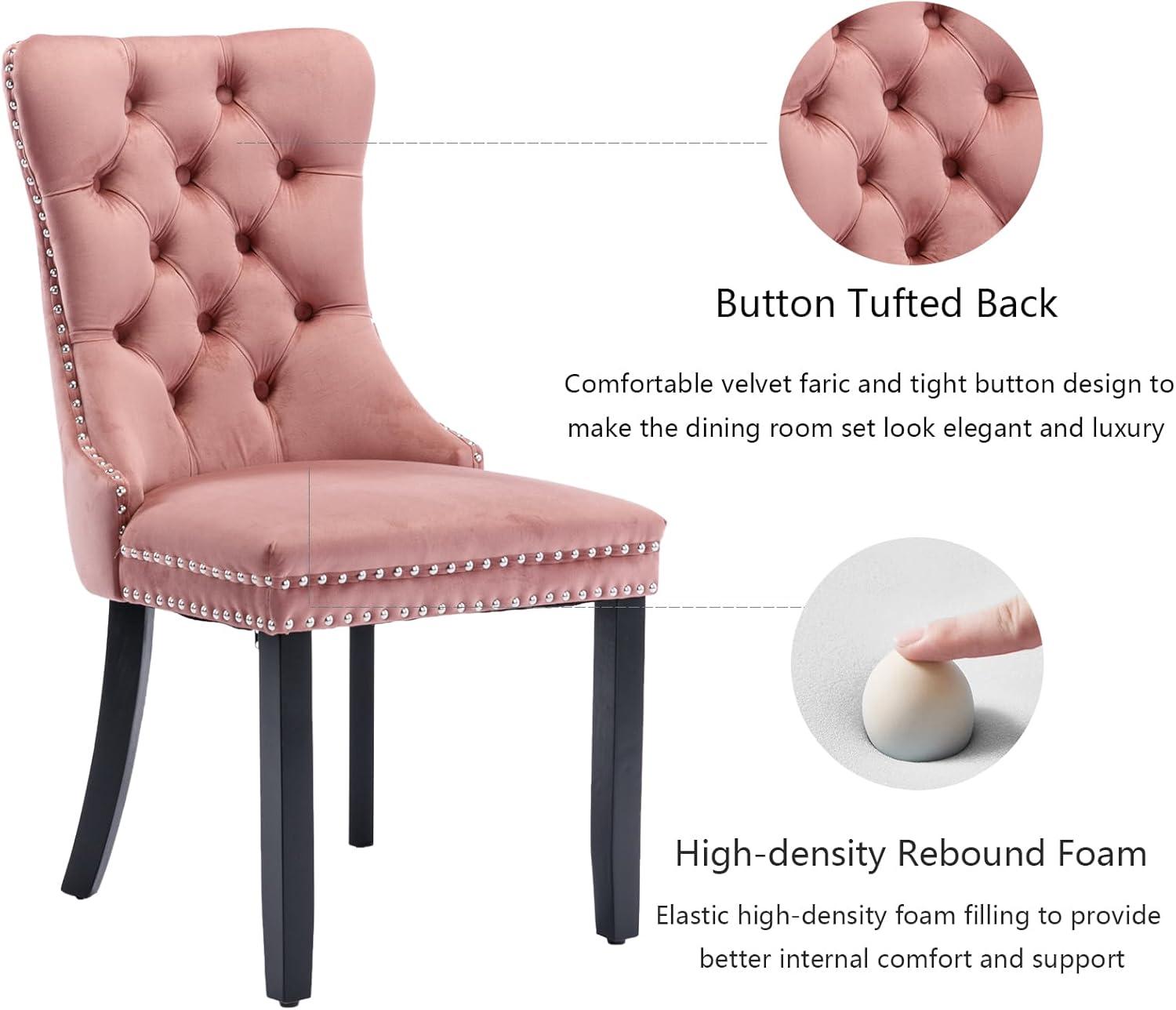 Pink Velvet Dining Chairs Set of 2, Upholstered Dining Room Chairs with Back Ring Pull Trim and Solid Wood Legs, Tufted Wingback Kitchen Chairs for Dining Room,Living Room,Kitchen(Pink)
