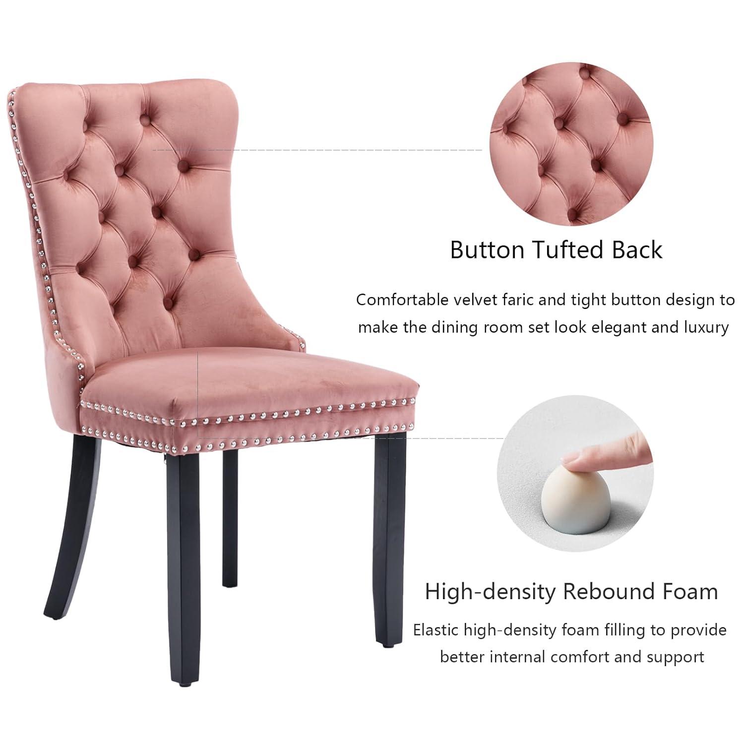 Pink Velvet Dining Chairs Set of 2, Upholstered Dining Room Chairs with Back Ring Pull Trim and Solid Wood Legs, Tufted Wingback Kitchen Chairs for Dining Room,Living Room,Kitchen(Pink)