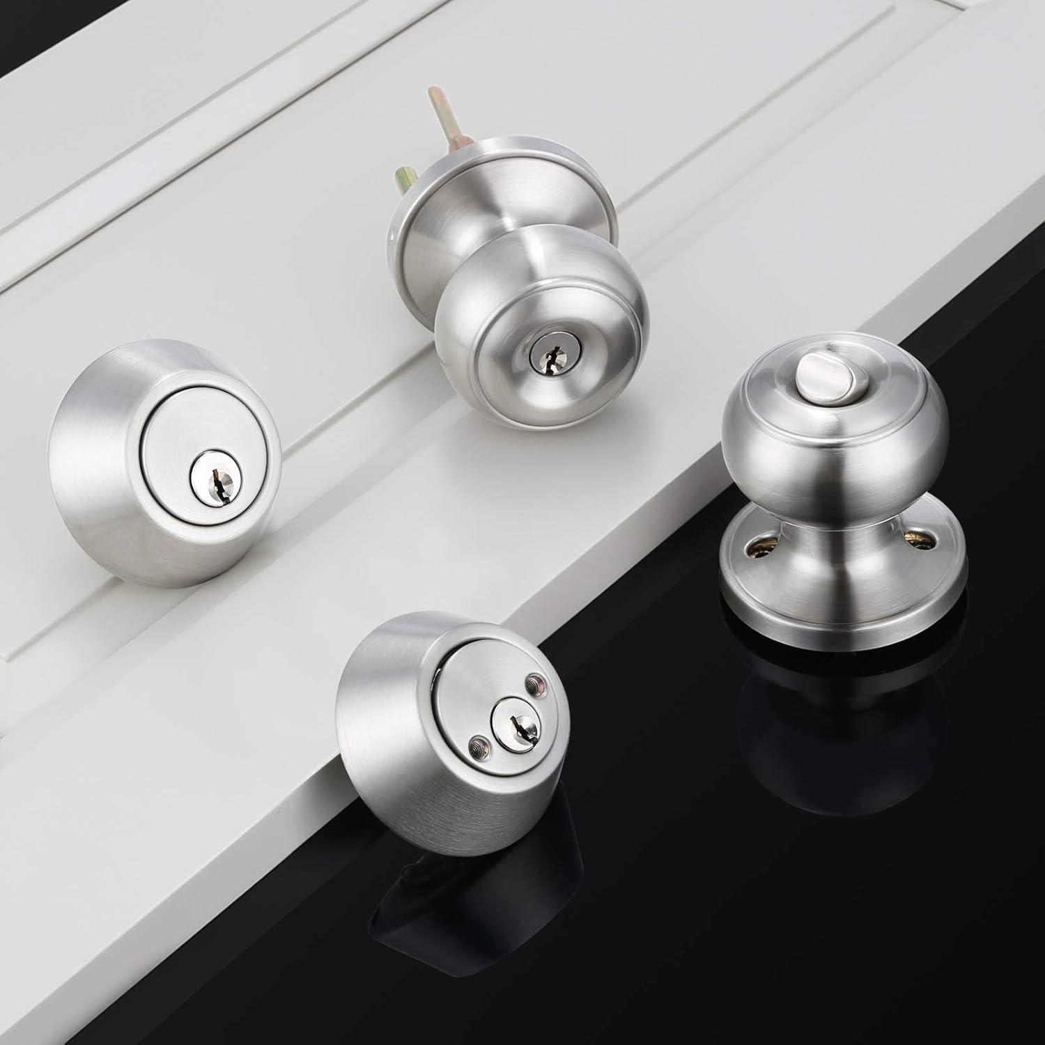 Brushed Nickel Round Stainless Steel Entry Knob and Deadbolt Set