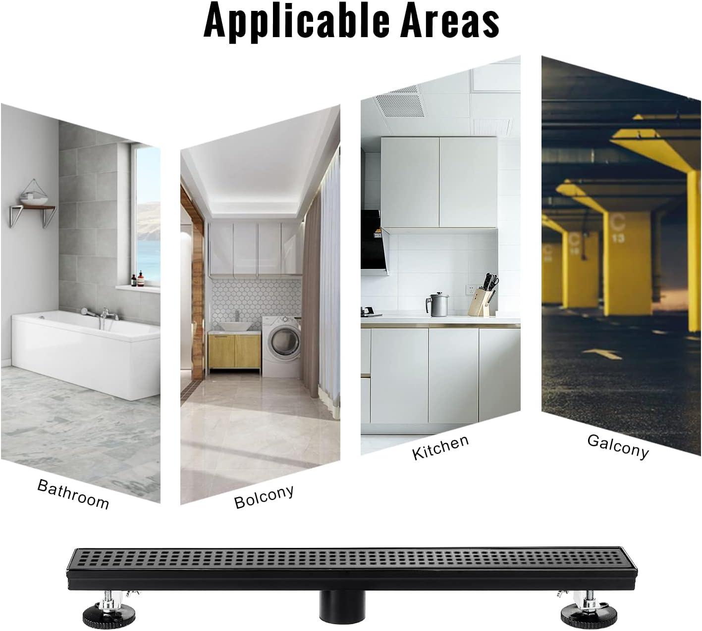 Black Shower Drain, Linear Shower Drain 12 Inch with Square Hole Panel, Matte Black Linear Drain with Hair Strainer and Leveling Feet