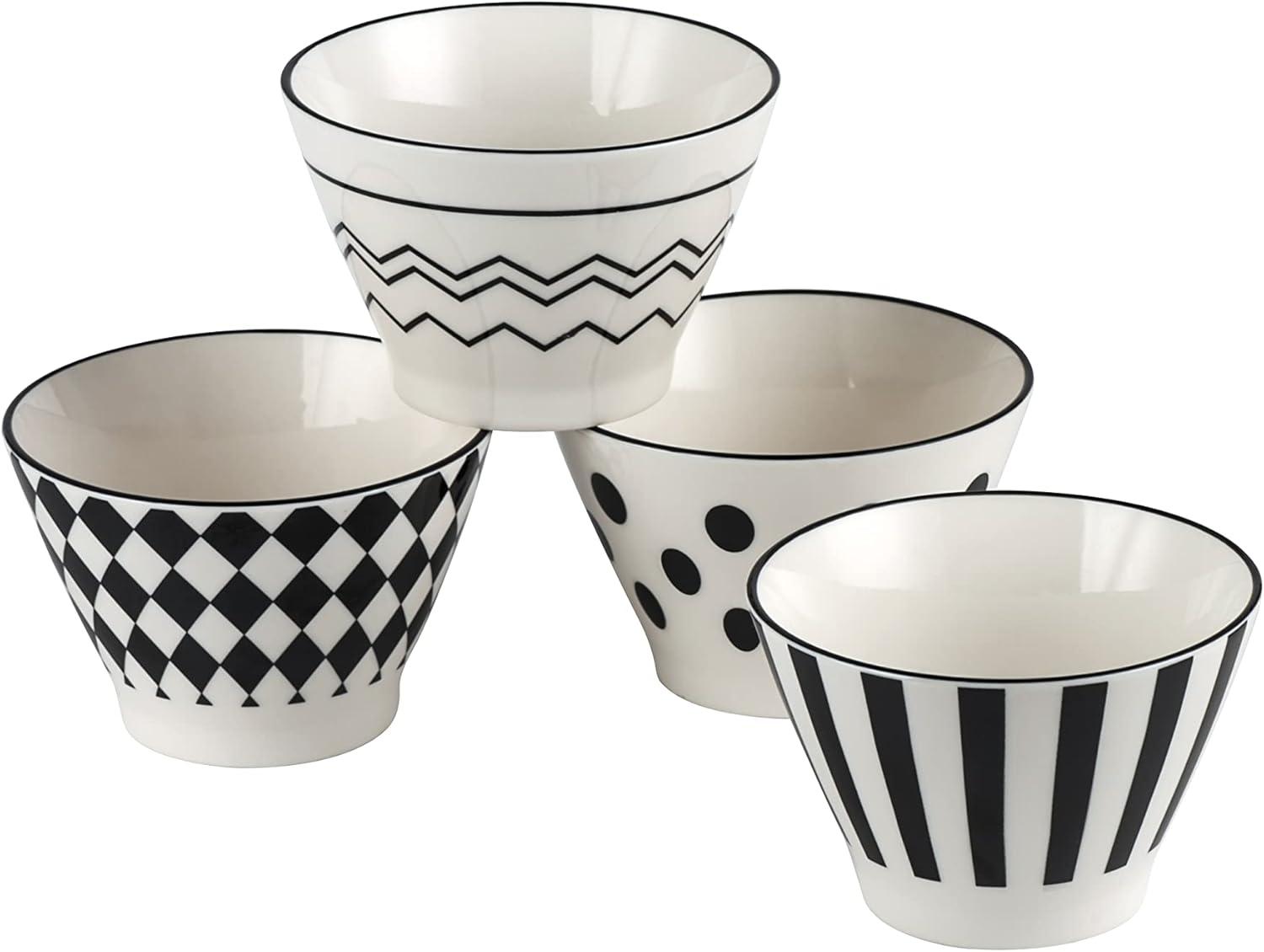 Set of 4 Black and White Ceramic Patterned Bowls