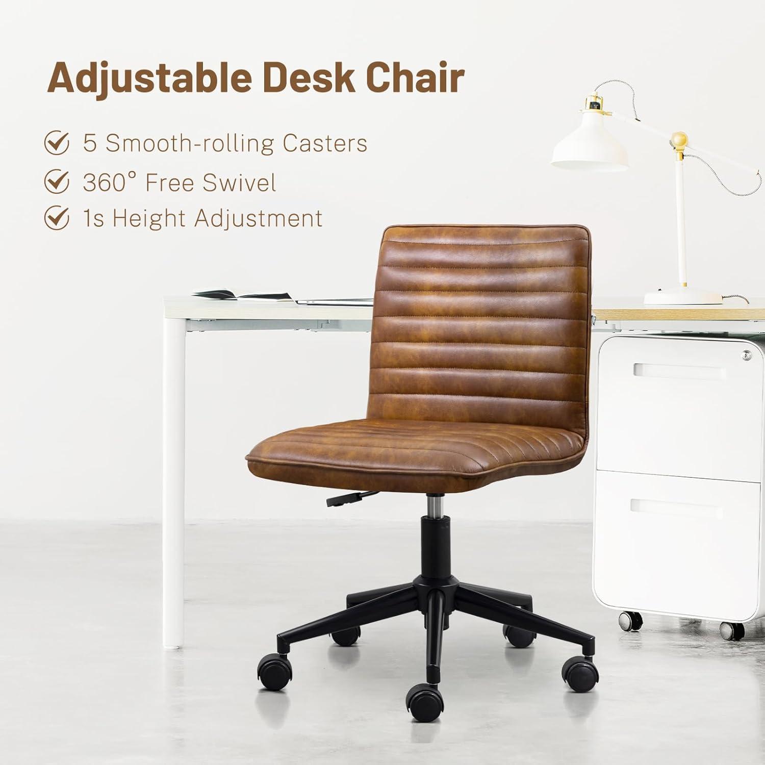 Dustyellow Leather Armless Swivel Task Chair with Black Base