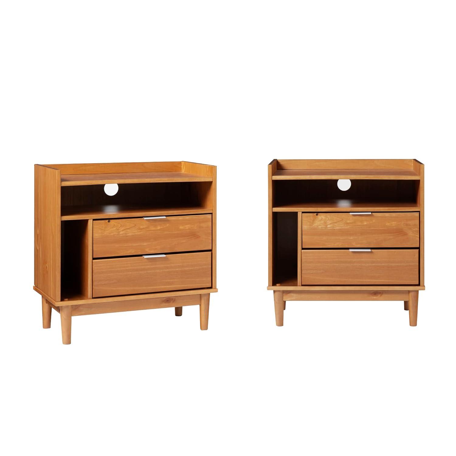 25" Solid Wood 2-Drawer Night Stand with Gallery - 2PK - Caramel