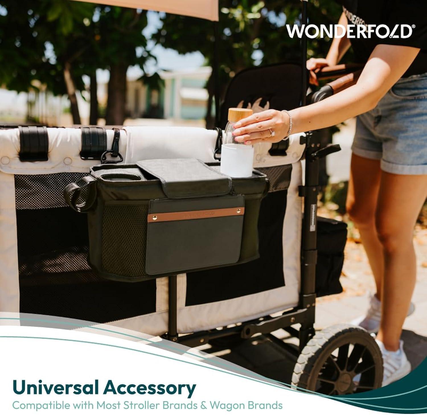 WONDERFOLD Universal Parent Console Stroller Organizer with Insulated Cup Holders, Hook & Loop Closure Handle Attachment, 2 Storage Pockets, Removable Shoulder Strap for Easy Transport