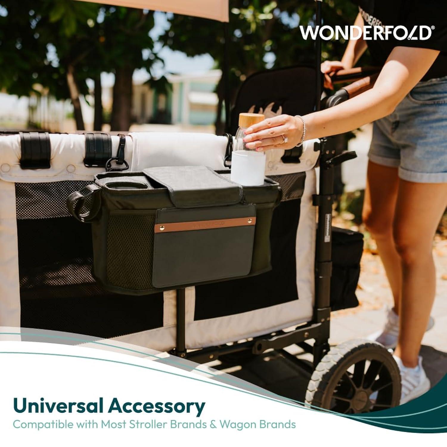 WONDERFOLD Universal Parent Console Stroller Organizer with Insulated Cup Holders, Hook & Loop Closure Handle Attachment, 2 Storage Pockets, Removable Shoulder Strap for Easy Transport