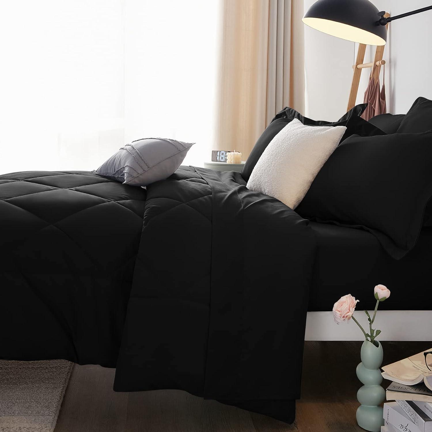 Litanika Black King Size Comforter Set with Sheets - 7 Pieces Bed in a Bag King Beddding Sets, Solid Lightweight Reversible Bed Set with Comforter, Sheets, Pillowcases & Shams