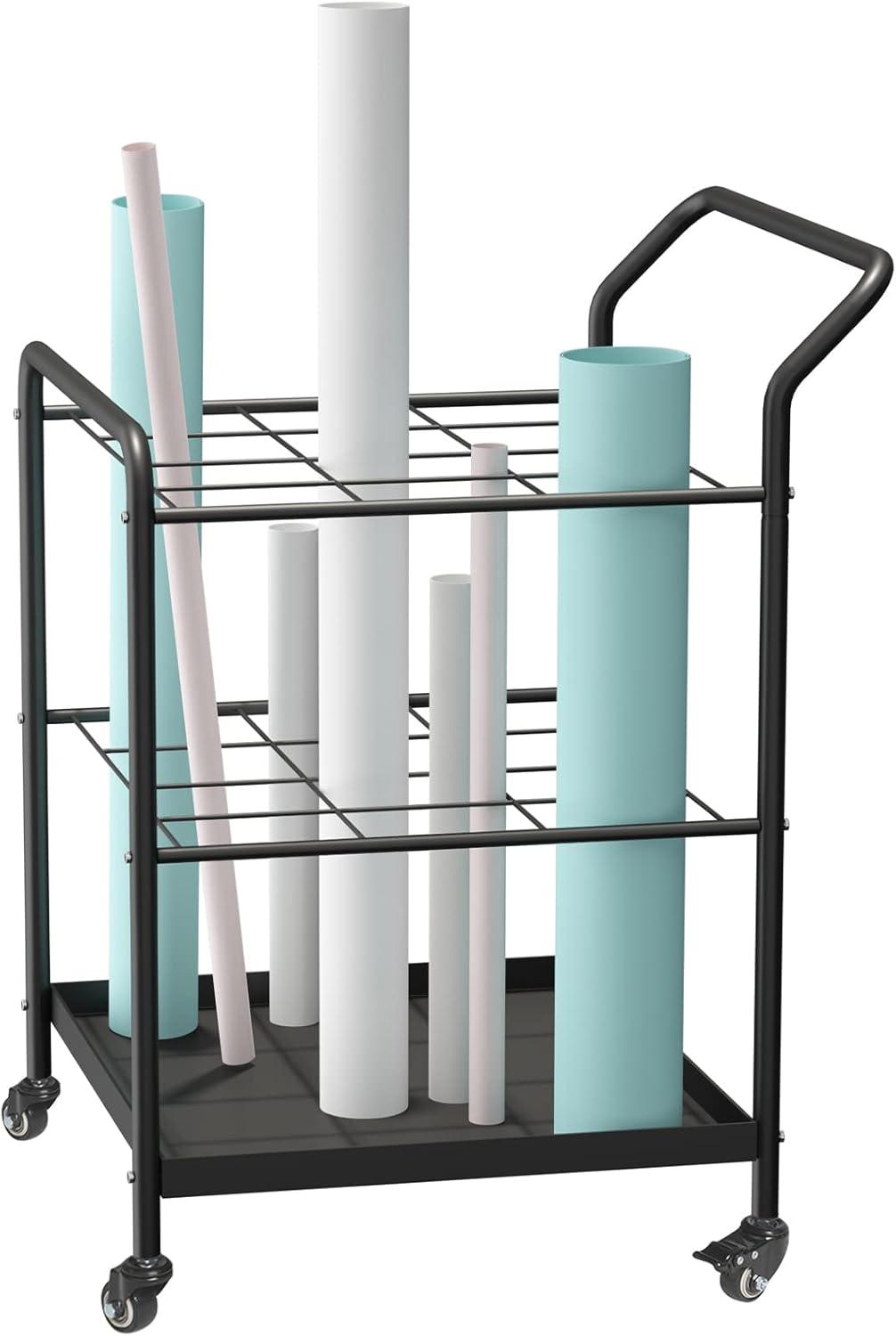 Roll File Holder Storage - 12 Slots Rack Cart,Wire Bin Roll File, Made for Maps, Plans, Drawings, and Tubes, Yoga Mat and Gym Storage Rack Cart with Wheels,Files Sorter Poster Holder