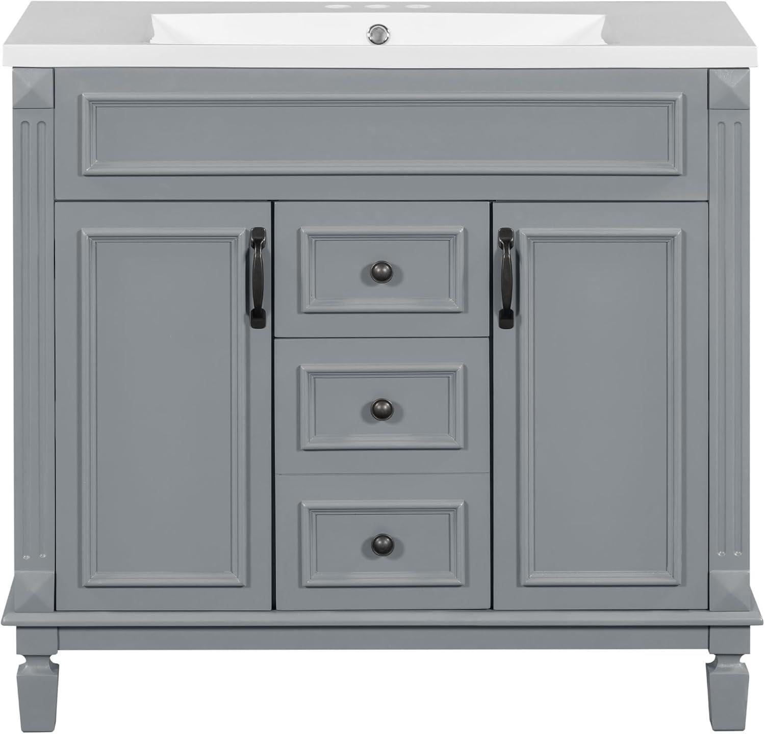 36'' Bathroom Vanity with Top Sink, 2 Soft Closing Doors & 2 Drawers, Modern  Freestanding Bathroom Storage Cabinet with Water-Resistant Paint, Grey