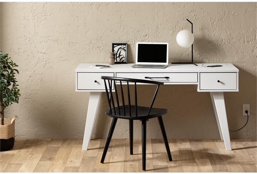 South Shore Computer Desk with Power Bar Laminated Particleboard White: Integrated Keyboard Tray, File Storage