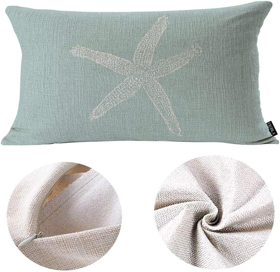 EKOBLA Green Starfish Sea Star Vintage Pastel Sea Foam Blue Fish Decorative Pillow Case Throw Pillow Covers Waist Lumbar Cotton Linen Throw Pillow Cases Cushion Cover Rectangular 12x20 Inches