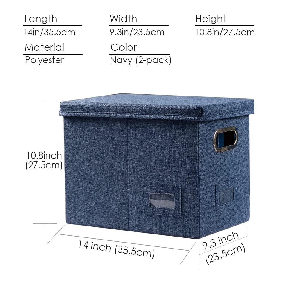 PRANDOM File Organizer Box - Set of 2 Collapsible Decorative Linen Filing Storage Hanging File Folders with Lids Office Cabinet Letter Size Navy Blue (14x9.3x10.8 inch)