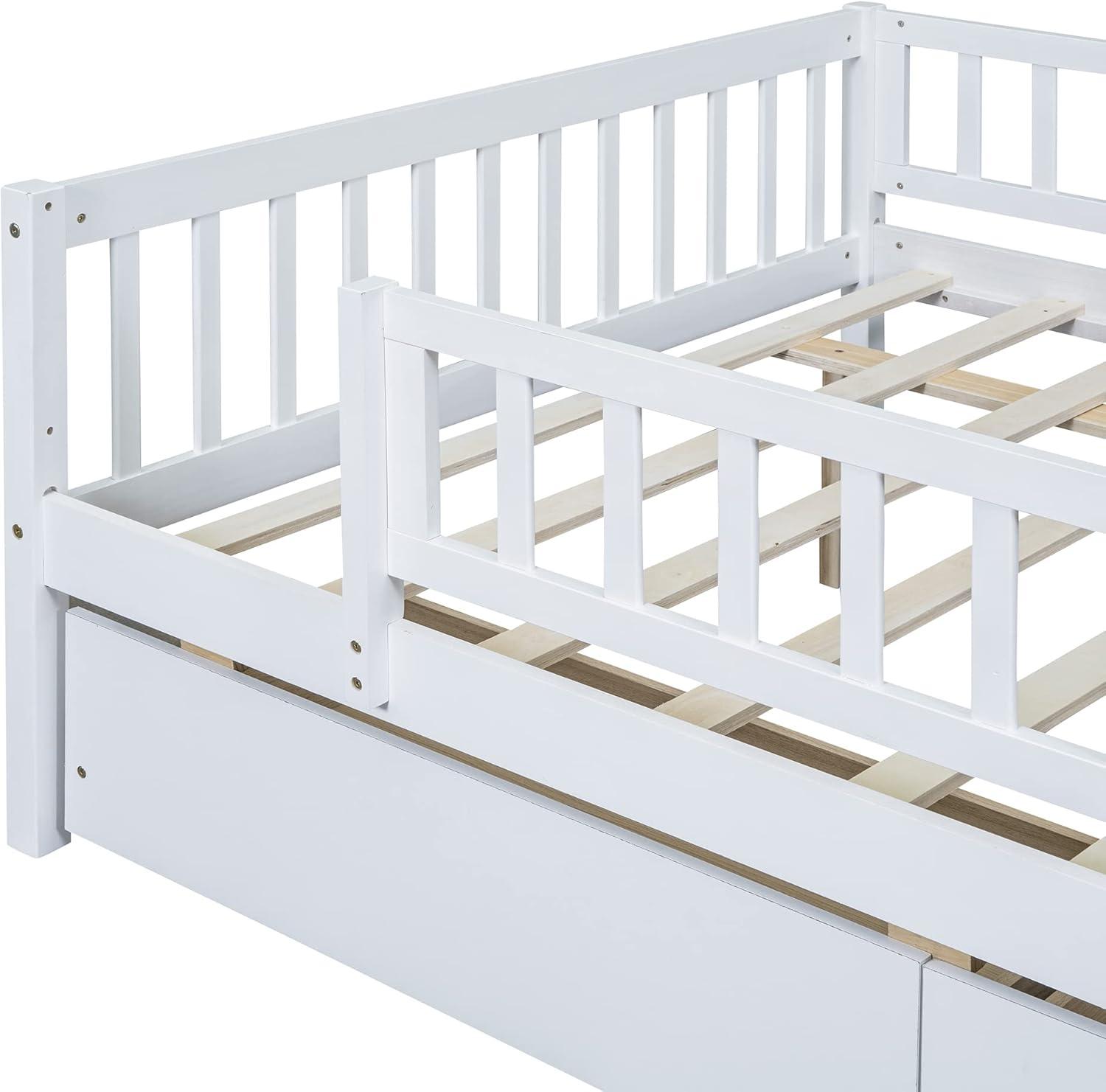DEINPPA Full Bed with Drawers, Kids Daybed with Storage, Wooden Bed Frame with Slat for Kids Children Toddlers Boys Girls-White