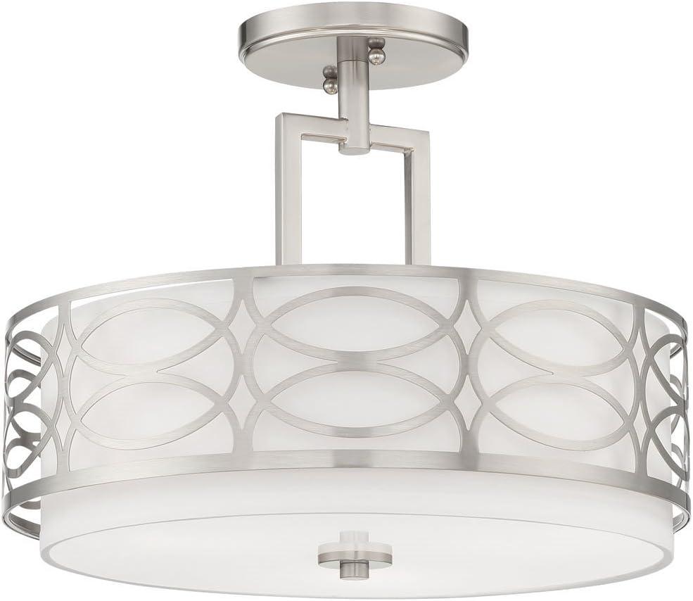 Kira Home Sienna 15" 3-Light Semi Flush Mount Ceiling Light, White Fabric Shade + Glass Diffuser, Brushed Nickel Finish