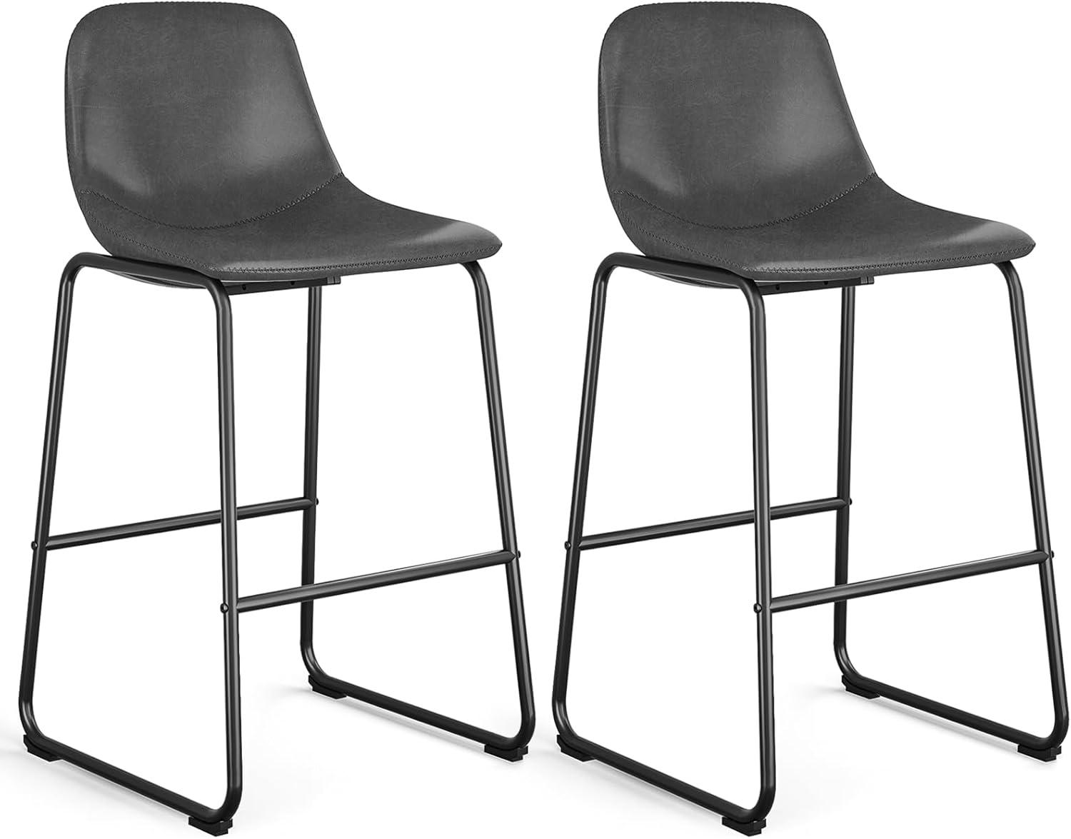 Gray Faux Leather 30'' Bar Stools with Iron Sled Legs, Set of 2