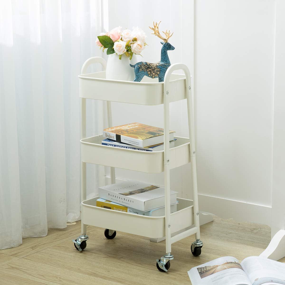 ZUNMOS 3 Tier Utility Rolling Cart, Metal Mobile Storage Cart with Lockable Caster Wheels, Storage Shelves Organizer Cart for Livingroom, Bathroom, Kitchen, & Narrow Places, White