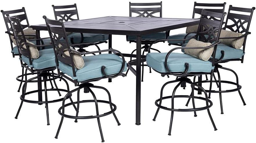 Hanover Montclair 9-Piece High-Dining Set in Ocean Blue with 8 Counter-Height Swivel Chairs and 60-Inch Square Table