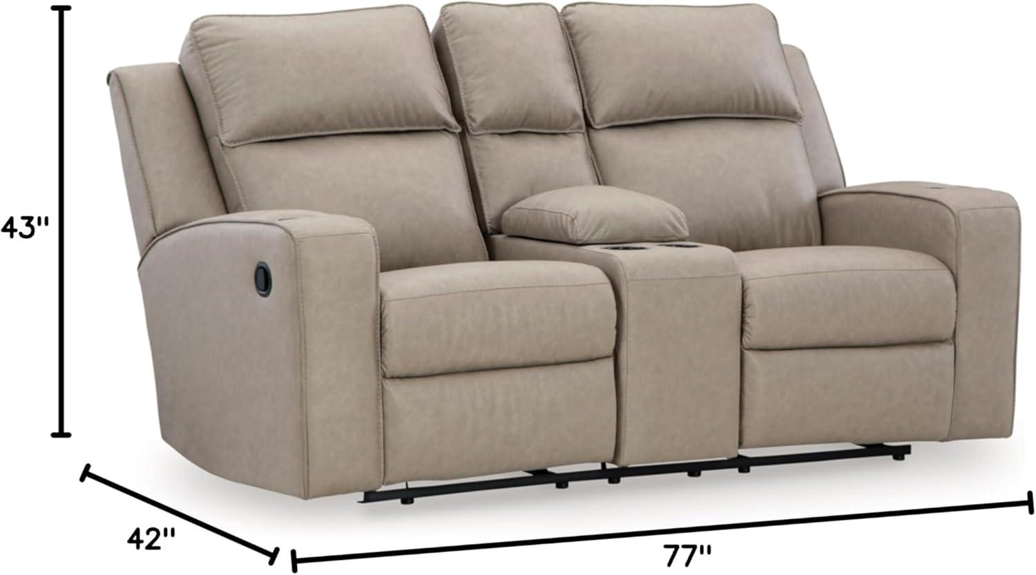 Beige Faux Leather Reclining Loveseat with Storage and Cup Holders