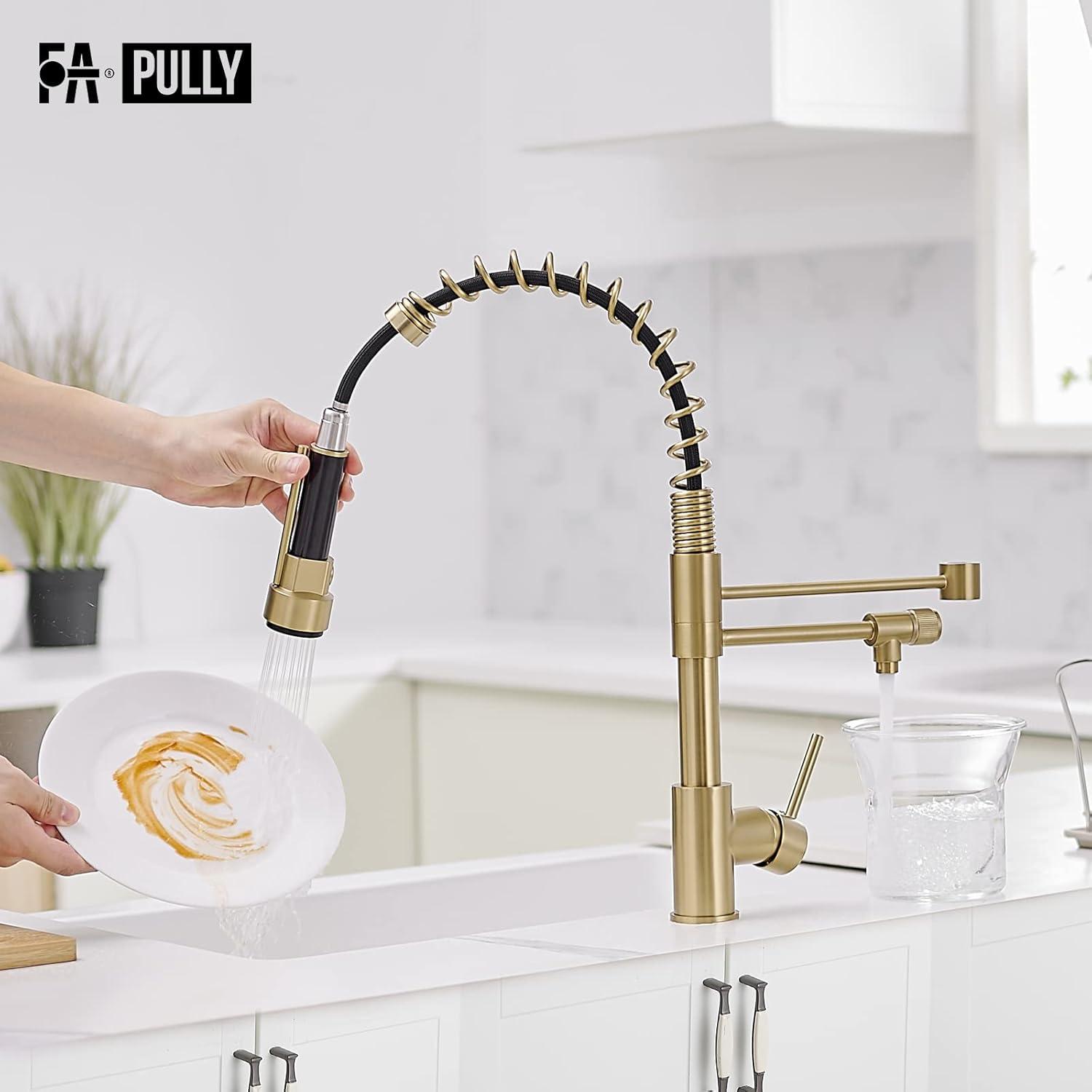 Contemporary Kitchen Sink Faucet, Single Handle Brass Spring Kitchen Faucet with Pull Down Sprayer, Rotatable Pull-Out Kitchen Mixer Tap, Brushed Gold