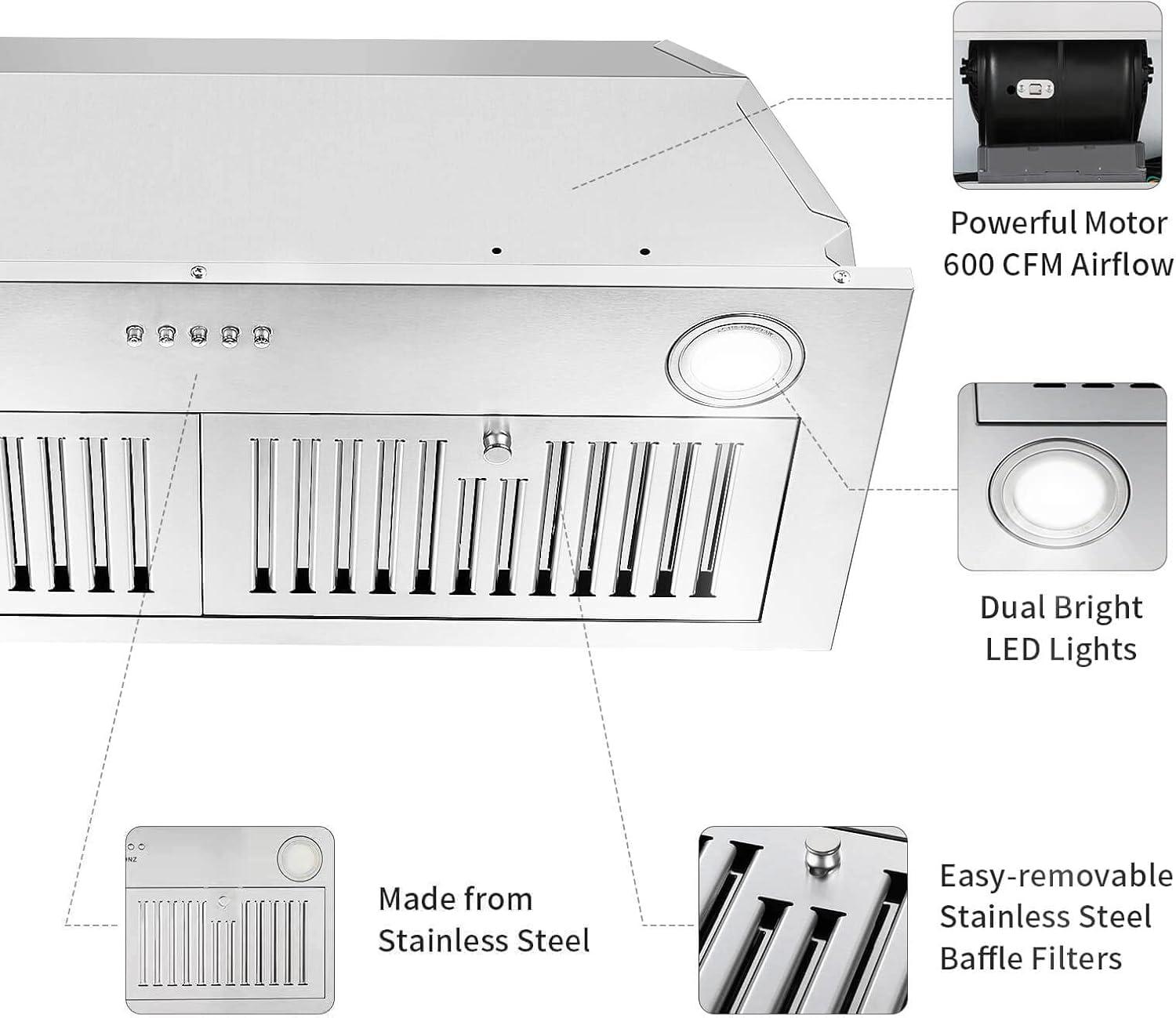 Zomagas 30 inch Built-in Range Hood 600CFM Stainless Steel Kitchen Cook Insert Vent with Led Lights