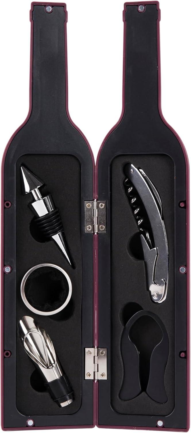 Burgundy Wine Bottle Shaped 5-Piece Corkscrew and Accessory Set