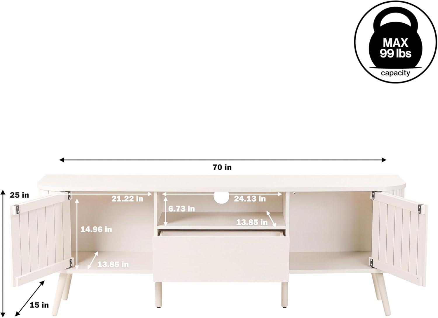 JONATHAN Y Damien 70 in. Farmhouse Curved TV Stand with Drawer and Storage Doors Fits TVs up to 75 in. with Cable Management, Off-White