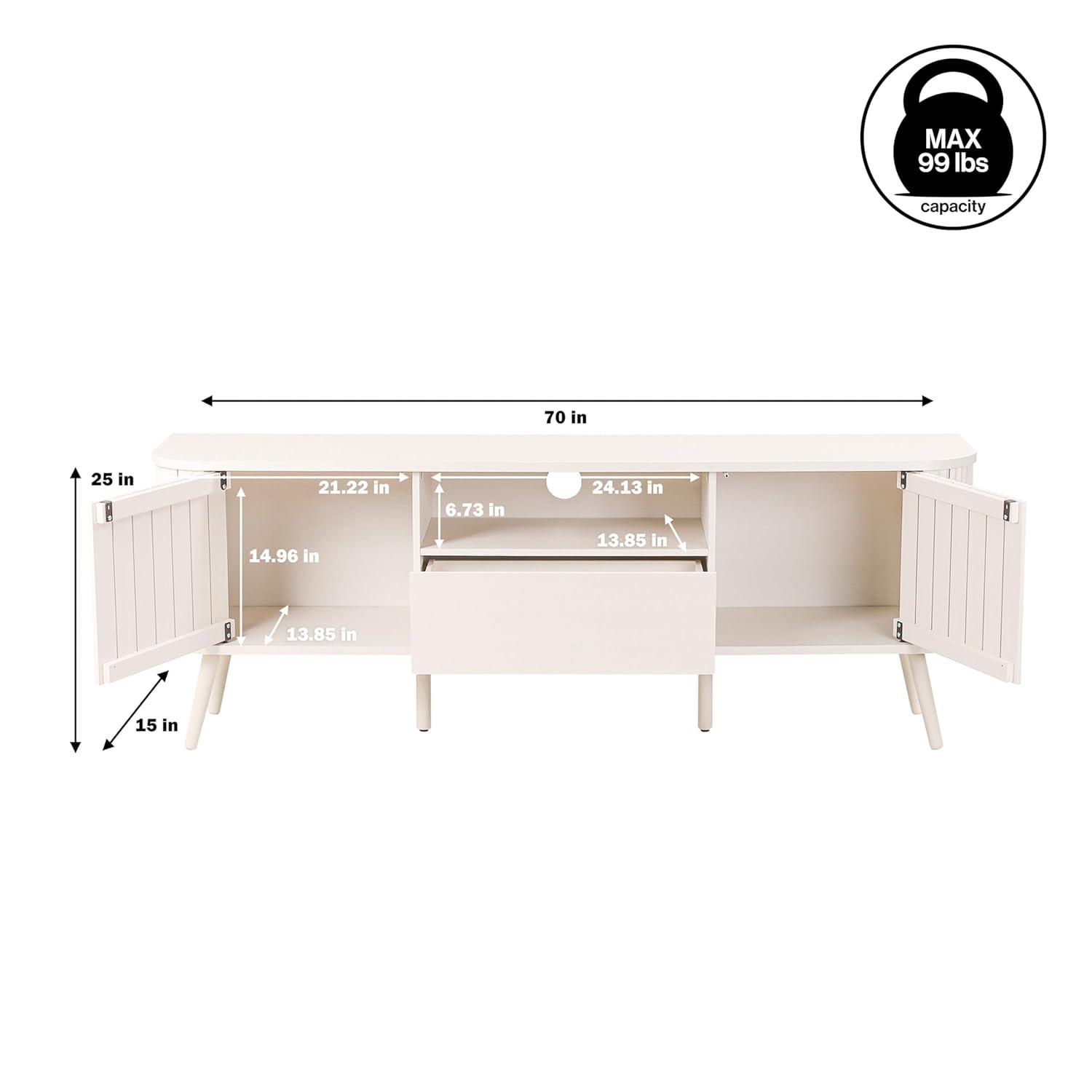 JONATHAN Y Damien 70 in. Farmhouse Curved TV Stand with Drawer and Storage Doors Fits TVs up to 75 in. with Cable Management, Off-White