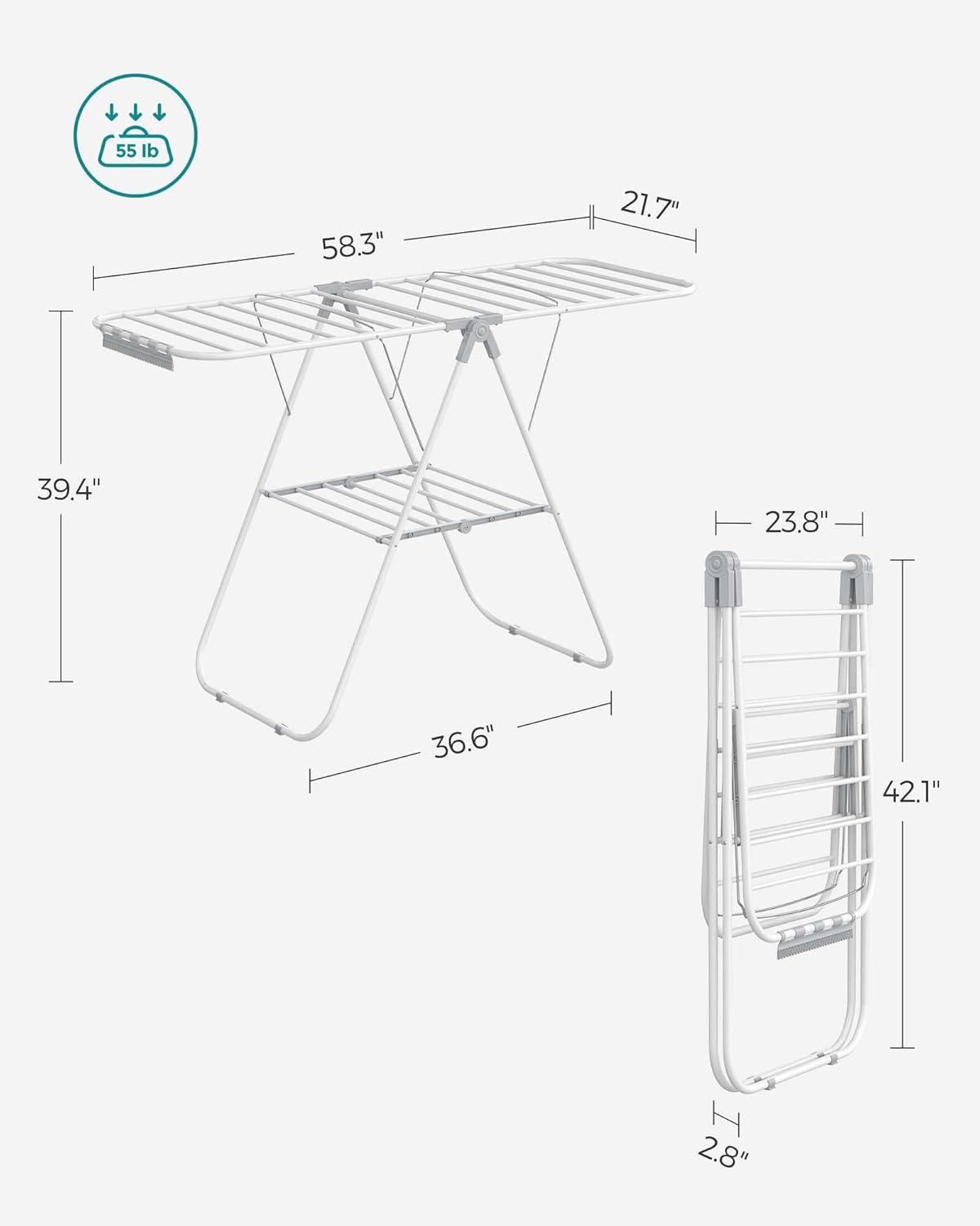 SONGMICS Clothes Drying Rack with Sock Clips Foldable Laundry Rack with Height-Adjustable Gullwings Space-Saving White and Gray