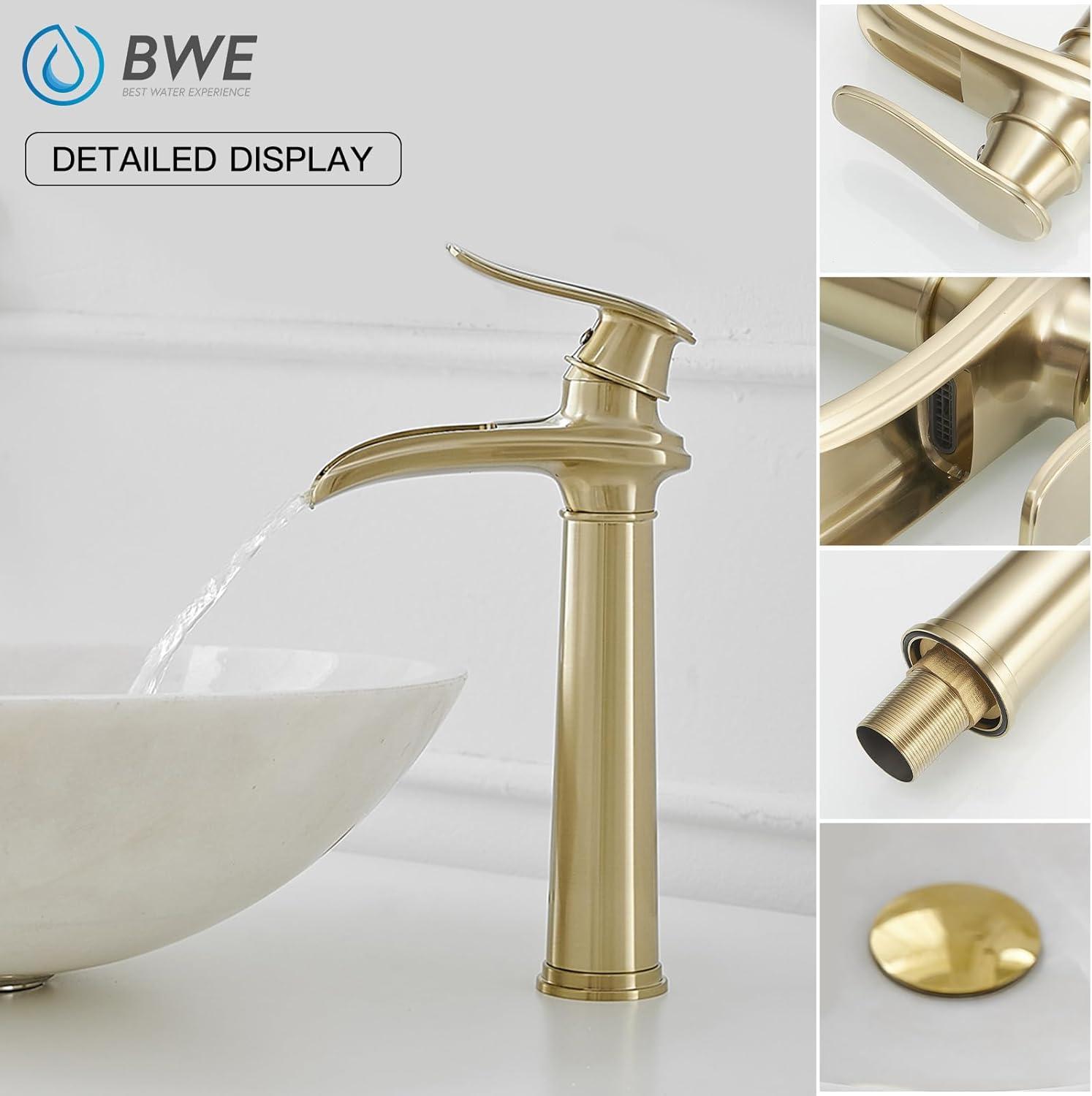 GGStudy Waterfall Single-Handle One Hole Bathroom Vessel Sink Faucet Matching Pop Up Drain Brushed Gold Farmhouse Bathroom Vanity Faucet