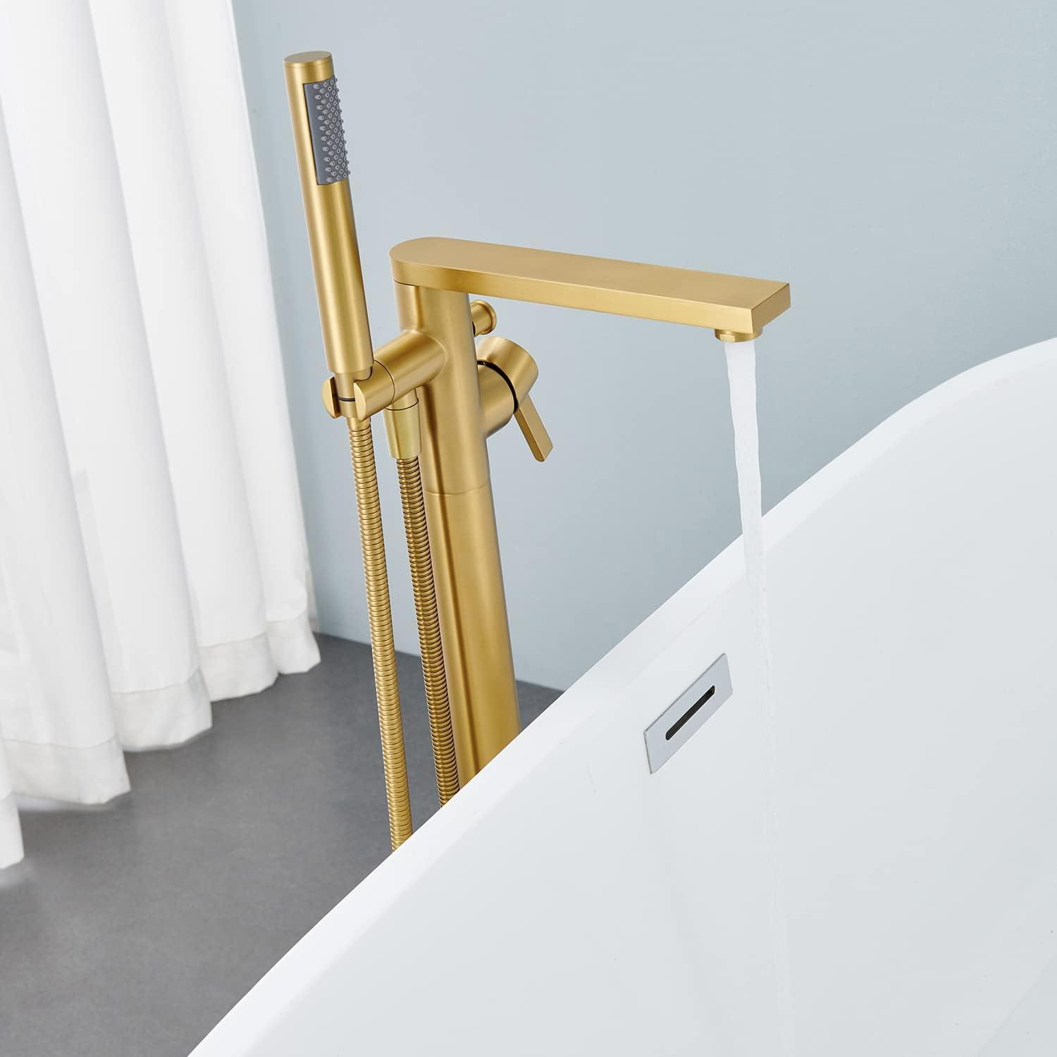 Brushed Gold Freestanding Tub Filler Faucet with Handheld Shower