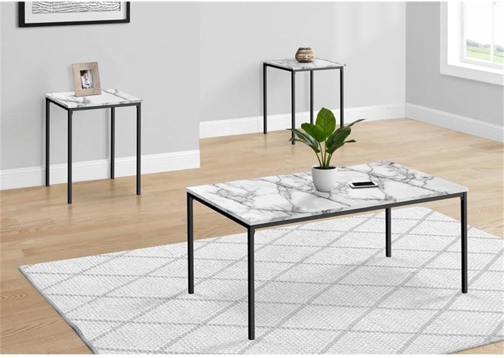 Black Metal and White Marble Look 3-Piece Coffee and End Table Set