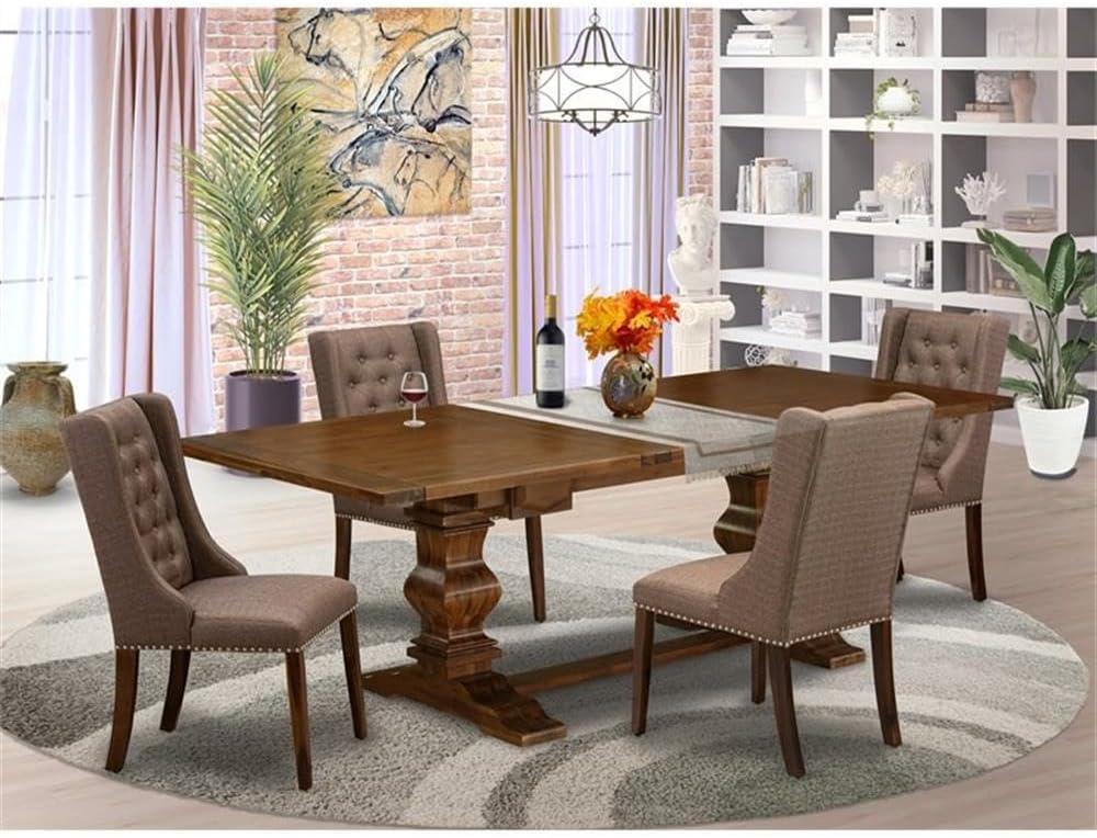 Antique Walnut 5-Piece Dining Set with Brown Linen Chairs