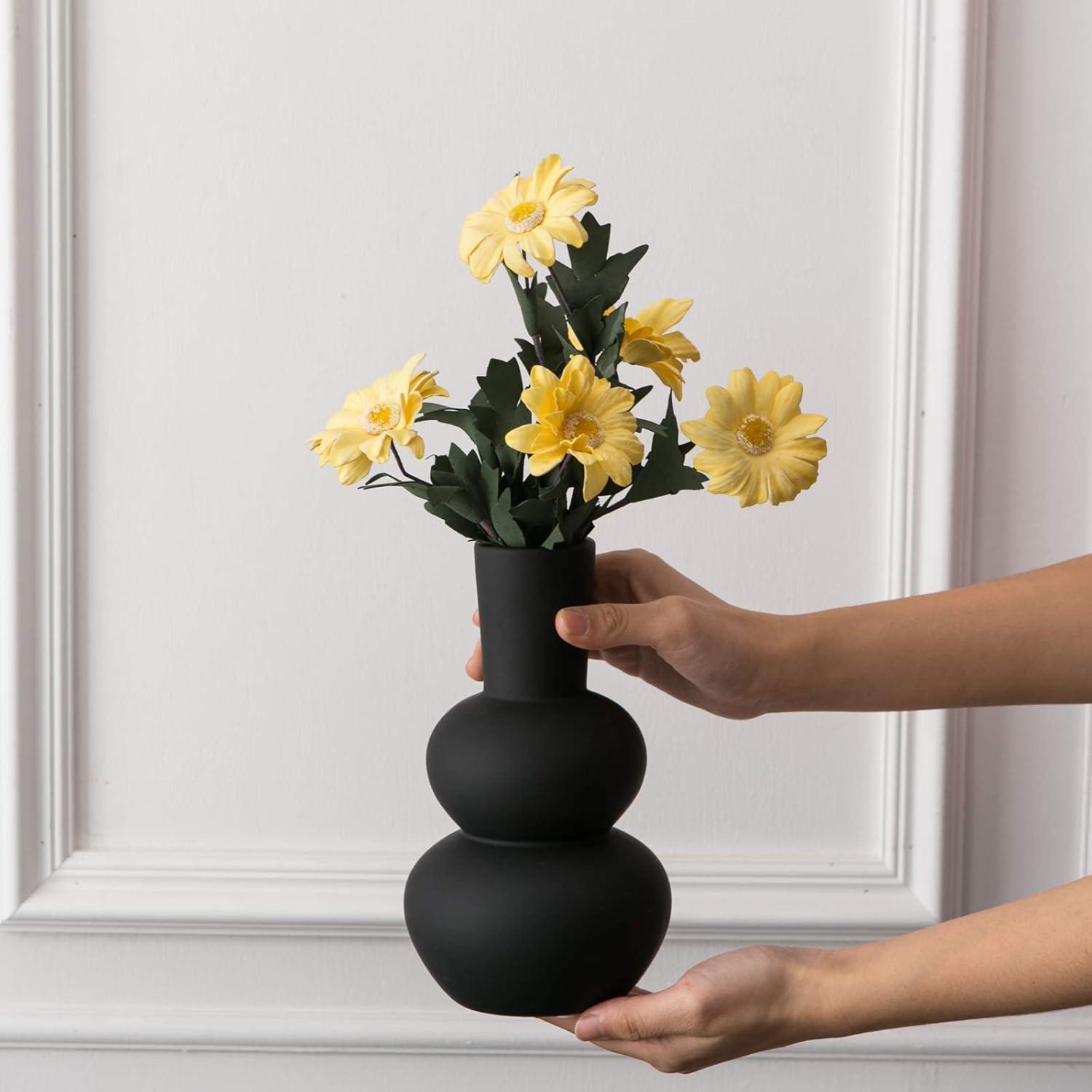 Black Matte Ceramic Gourd Vase for Table Decor