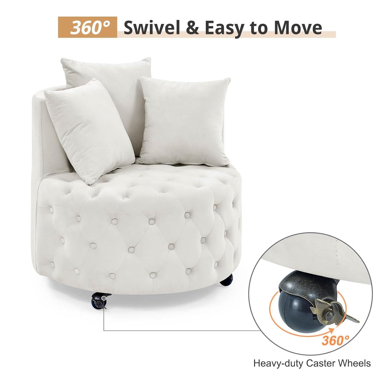 Swivel Barrel Accent Chair, 30in Modern Velvet Round Sofa Chair with 3 Pillows and Wheels, Comfy Tufted Club Lounge Chair for Living Room, Bedroom(Beige)