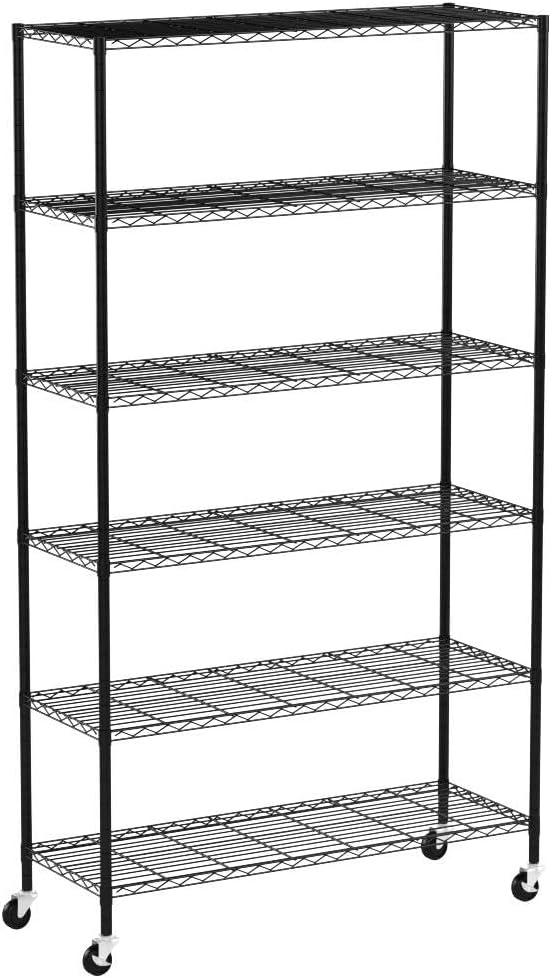 6-Tier Storage Shelves NSF Certified Wire Shelving Unit on Wheels Heavy Duty Metal Shelves Adjustable Steel Shelving 2100Lbs Capacity for Closet Pantry Basement- (18"x48"x82", Black)