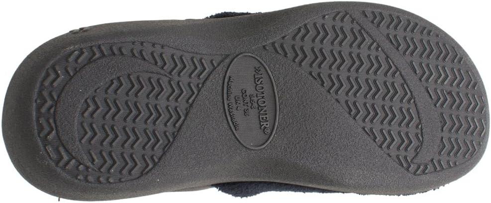 Isotoner Women's Terry and Satin Slip on Cushioned Slipper with Memory Foam for Indoor/Outdoor Comfort Flat Sandals BLK-8/9