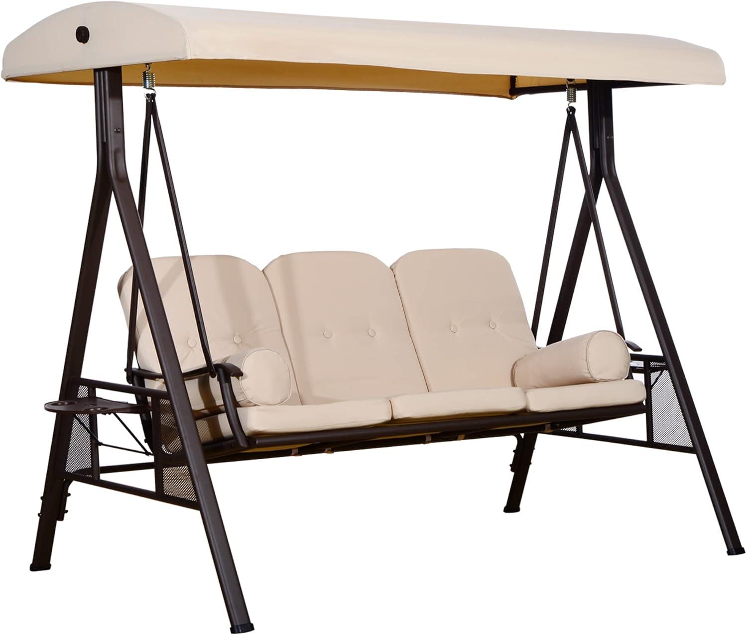 Outsunny 3-Seat Outdoor Patio Swing with Adjustable Tilt Canopy, Cushions, Pillow, Steel Frame, Side Tray, Cup Holder, Beige