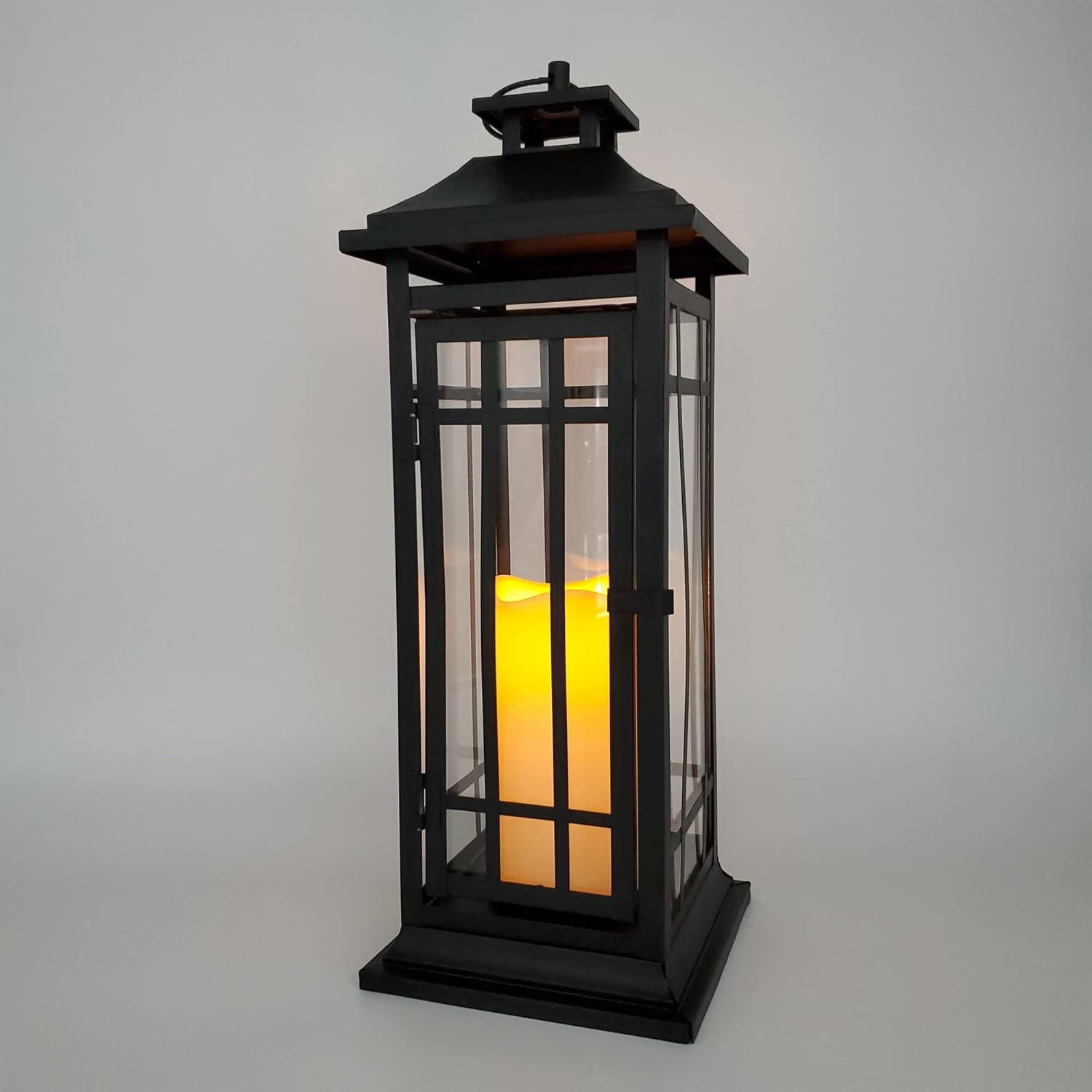 LumaBase Battery Operated Metal Lantern with LED Candle - Black Window (17 inches)