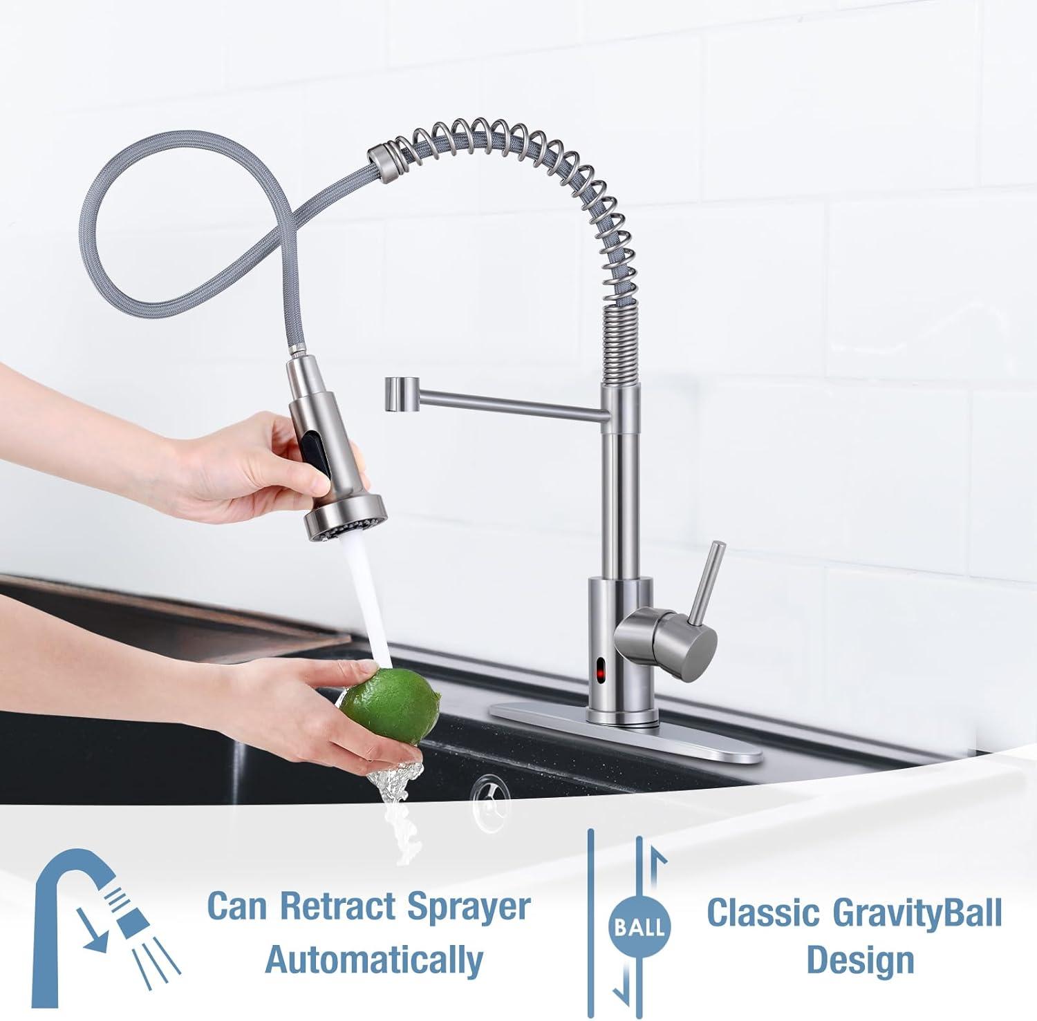 Coliware Kitchen Sink Faucet Brushed Nickel with Pull Down Sprayer, Stainless Steel Spring Kitchen High Arc Commercial Faucets with Deck Plate 1 or 3 Hole