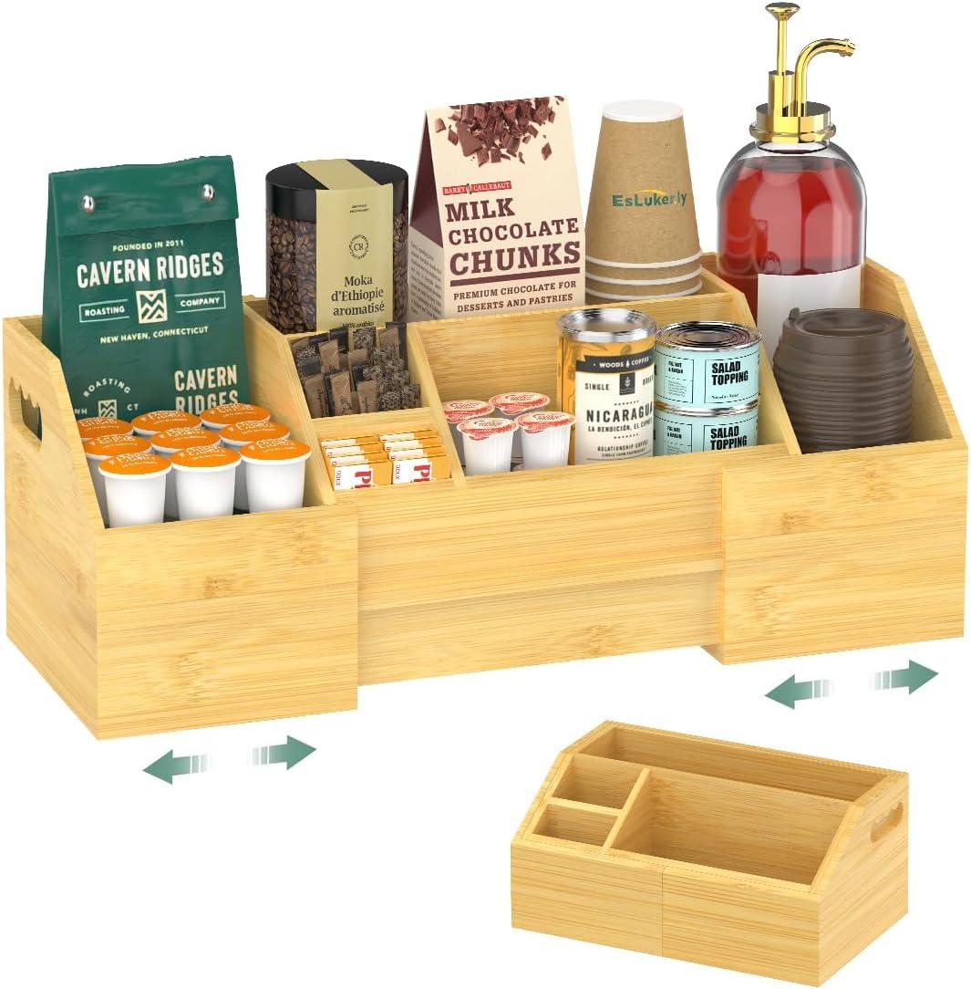 Coffee Station Organizer Countertop, Bamboo Extendable Coffee Bar Condiment Accessories Storage, Space-Saving Coffee Tea Supply For Home Office, Kitchen Coffee Area Nook For Coffee Lovers