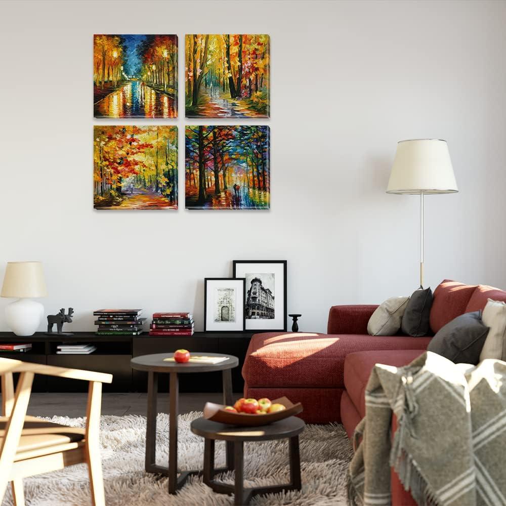 JEUXUS Colorful Landscape Oil Painting Wall Art Canvas Paintings Abstract Texture Rainbow Trees with Walking People Prints Pictures 4 Pieces Living Room Bedroom Artwork 16x16in
