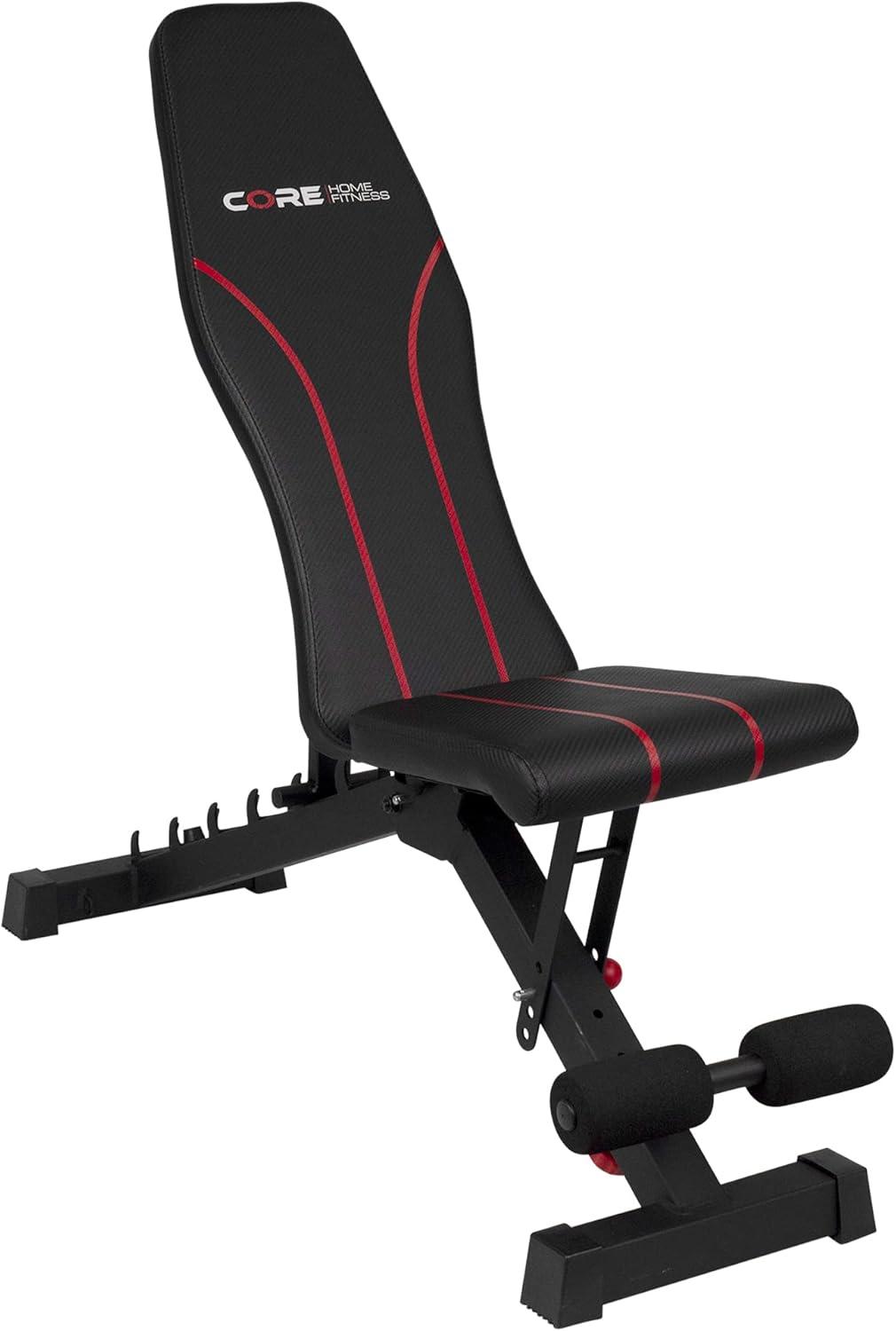 Adjustable Bench By Core Home Fitness, Foldable Weight Bench, Incline/Decline/Flat Bench, 7 Back Adjustments, Adjustable Seat, Black/Red (51MAB)