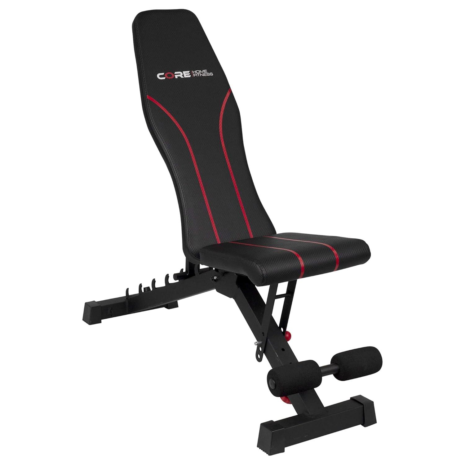 Adjustable Bench By Core Home Fitness, Foldable Weight Bench, Incline/Decline/Flat Bench, 7 Back Adjustments, Adjustable Seat, Black/Red (51MAB)