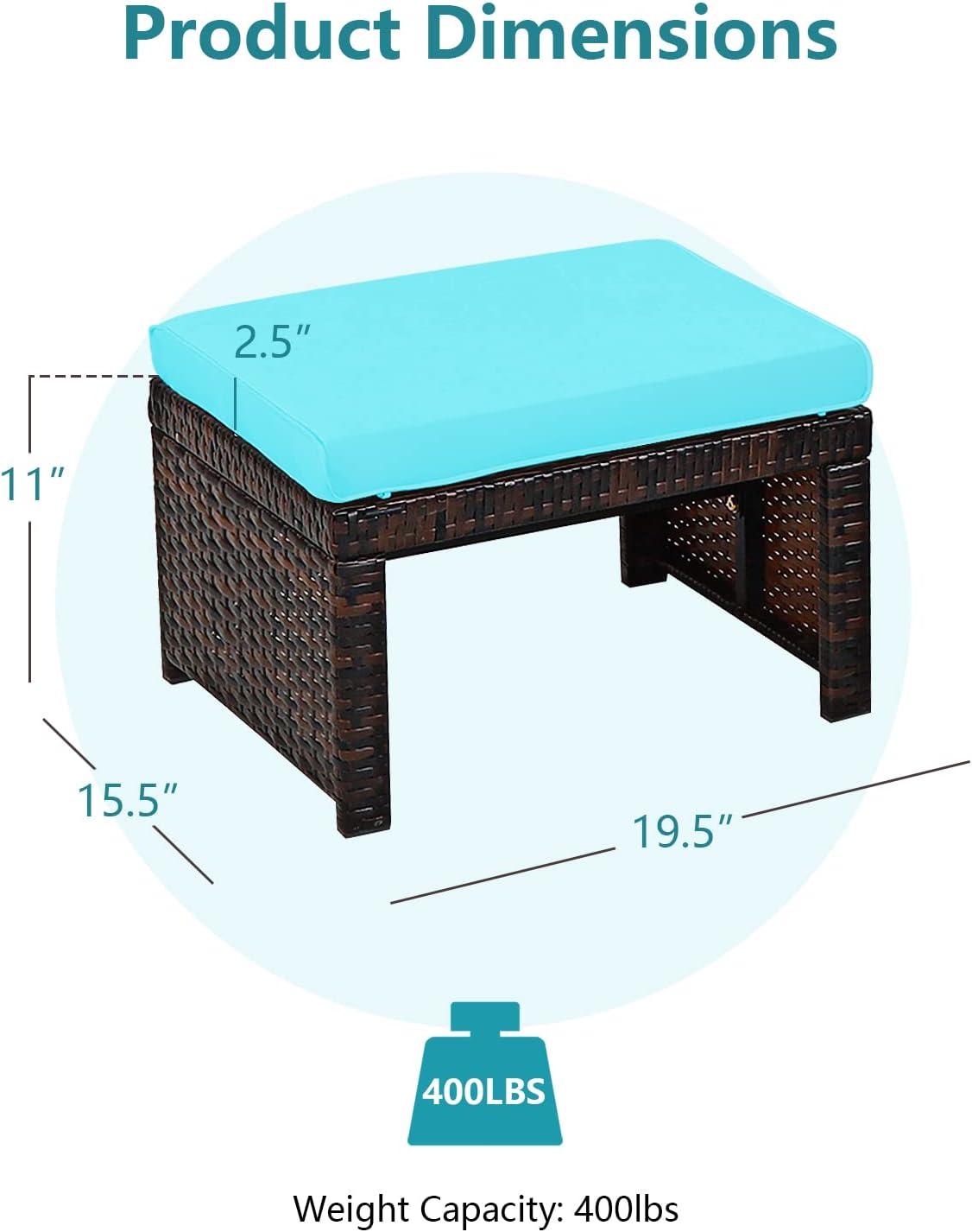 Tangkula 2 PCS Outdoor Wicker Ottoman Patio Rattan Furniture Metal Footrest Seat Square Footstool with Cushion Turquoise