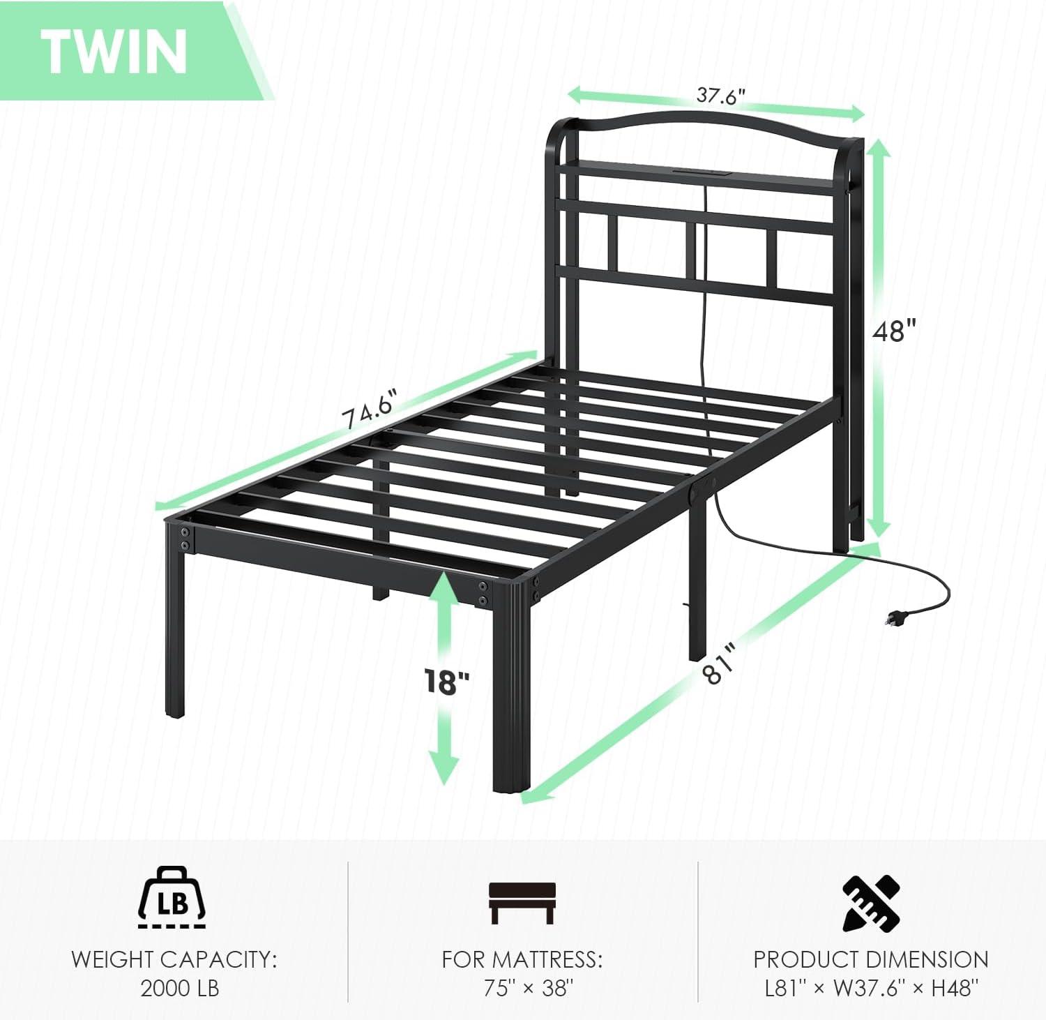 Twin Black Metal Bed Frame with Charging Station and Storage