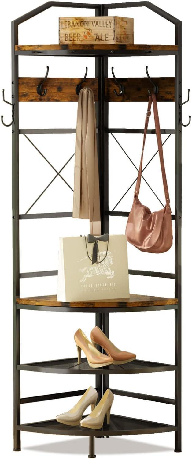 4-Tier Corner Coat Rack with Shoe Storage, Entryway Hall Tree with Bench and Hooks, Wooden Corner Clothes Rack Shoe Shelf Organizer for Home