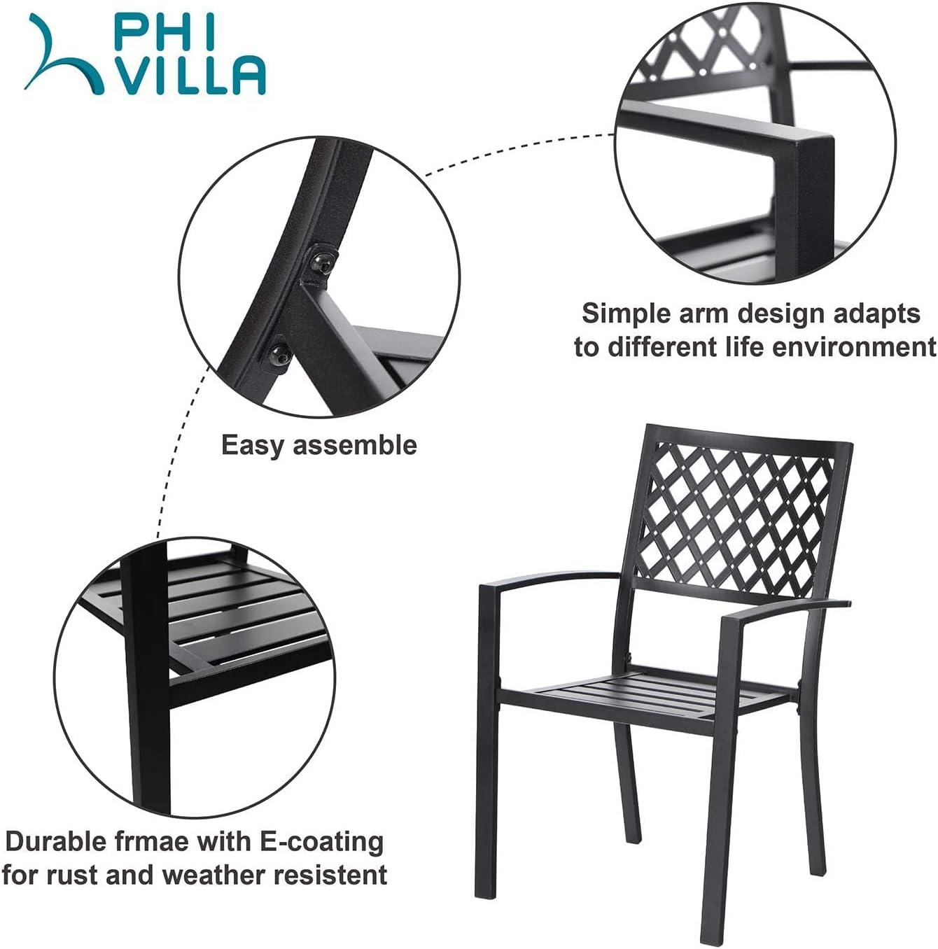 Black Steel Stackable Outdoor Dining Armchairs with Lattice Back (Set of 4)