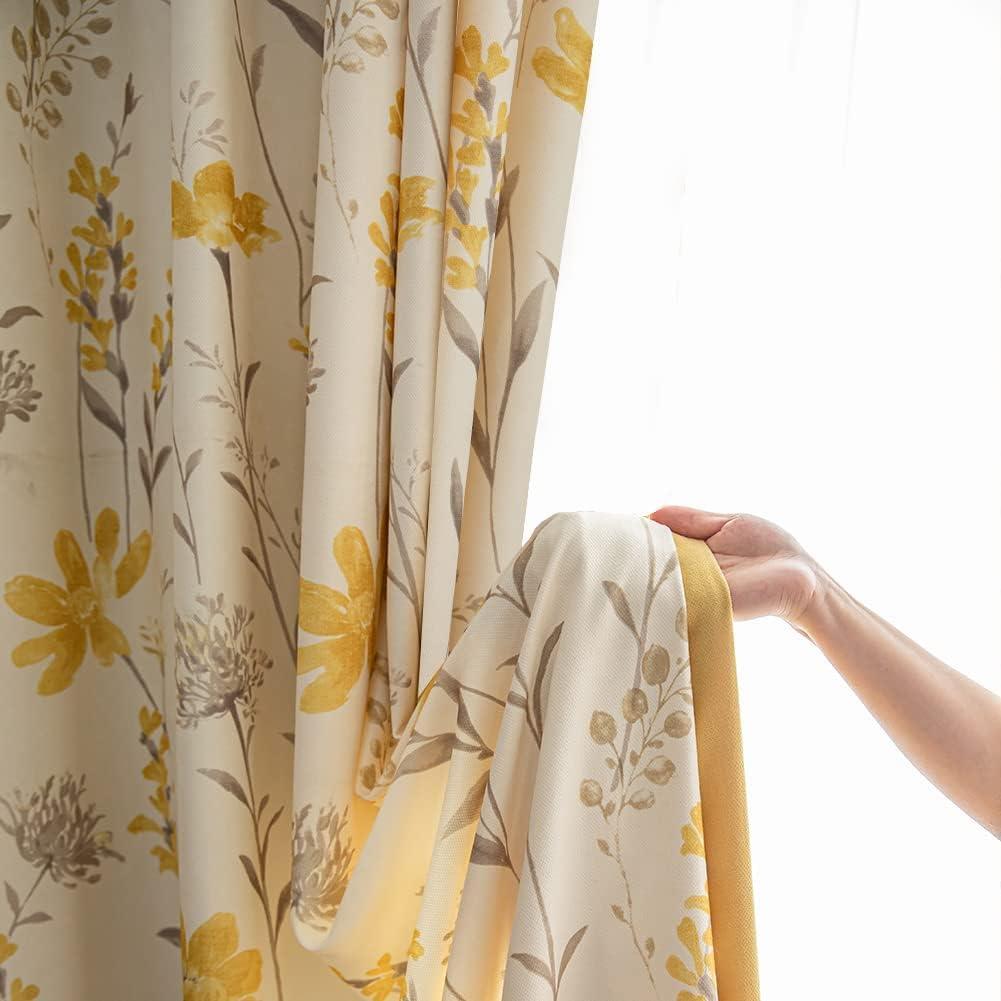 Yellow Floral Grommet Polyester Light-Filtering Drapes, 96"