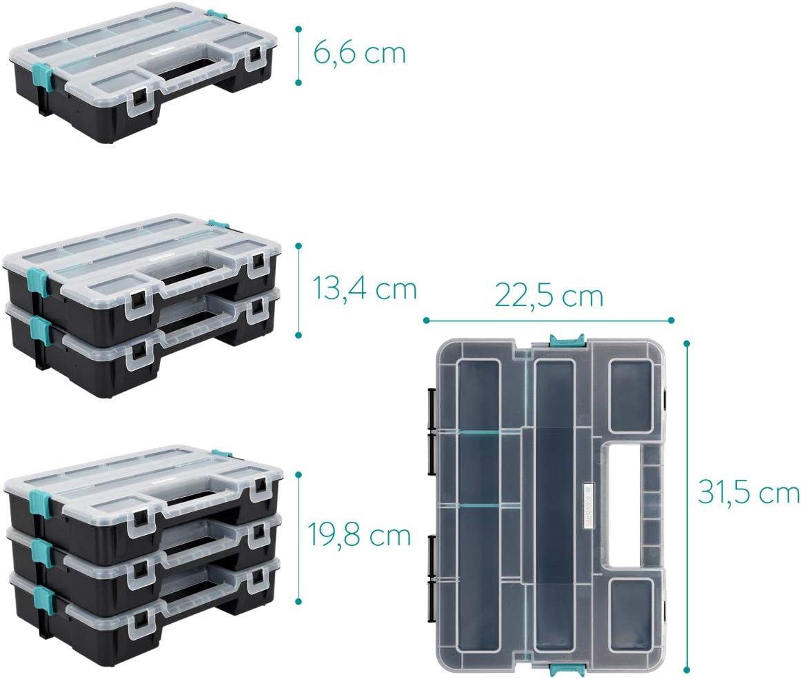 Navaris Plastic Storage Box - Stackable Organizer Case with Adjustable and Removable Divider Compartment for Tools, Small Items, Jewelry - 3 Boxes